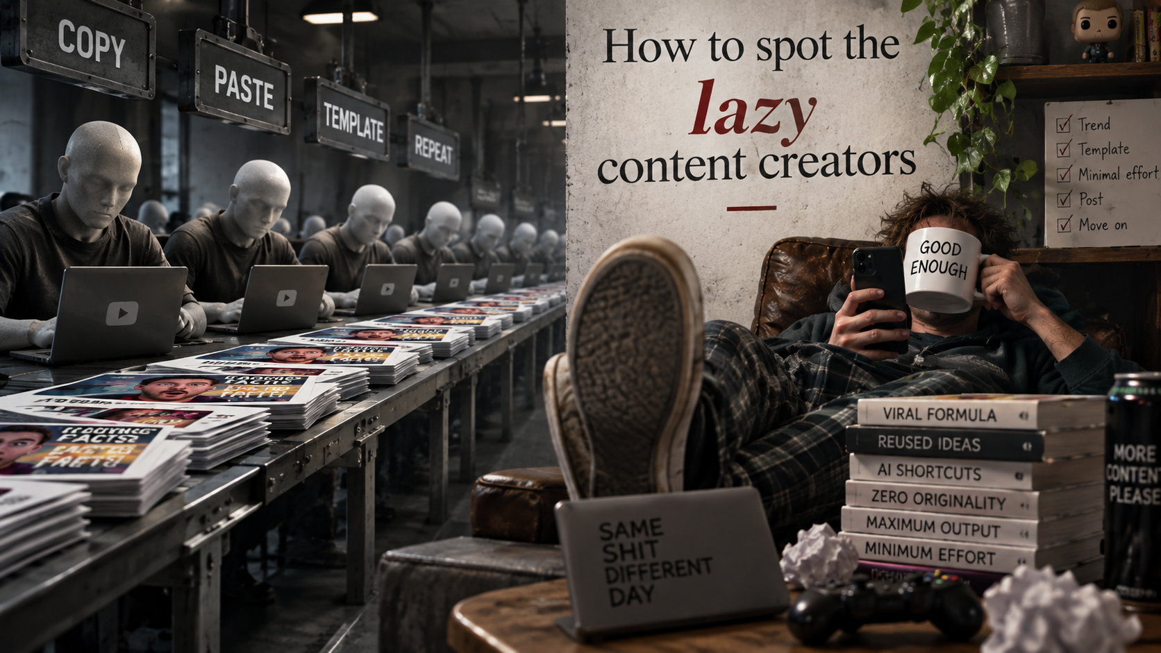 Attempt 3, original output from the test: rows of workers, COPY and PASTE signs, and a lounging creator.