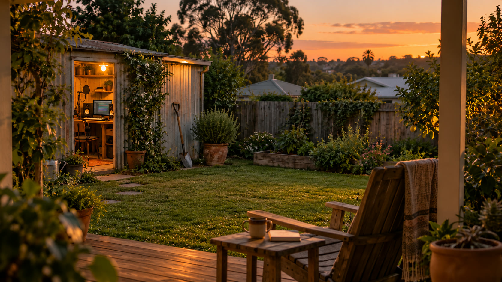 A quiet suburban backyard at dusk, with an amateur digital music recording setup inside a warmly lit shed, a garden spade and an empty veranda chair