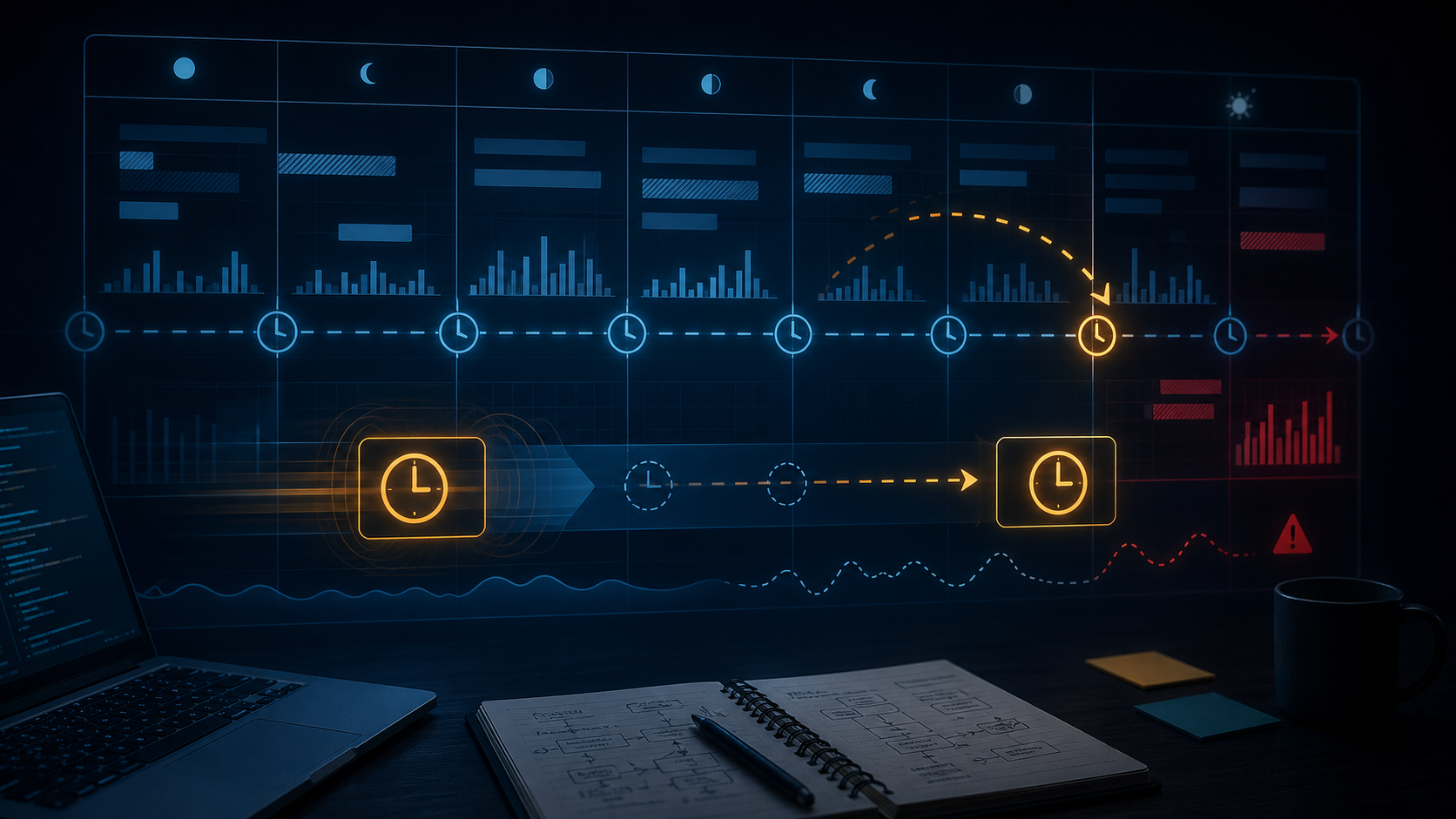 Abstract weekly calendar timeline showing an AI usage reset marker shifting across the week