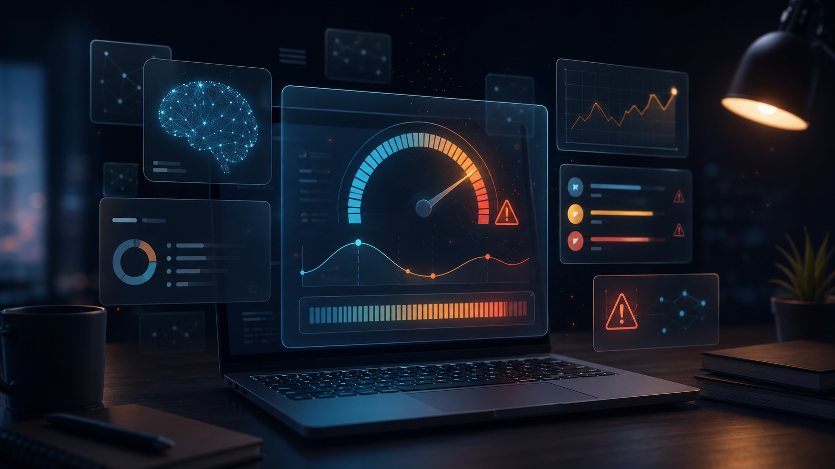 Abstract AI usage dashboard with warning indicators and a draining subscription meter