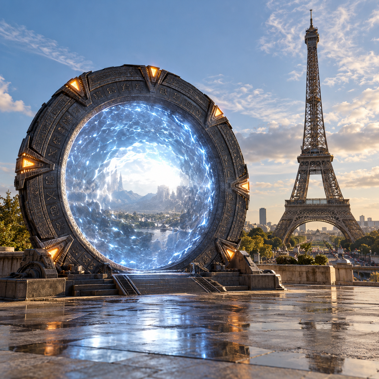 ChatGPT ImageGen 2 Stargate with a blue portal and distant landscape beside a fully visible Eiffel Tower