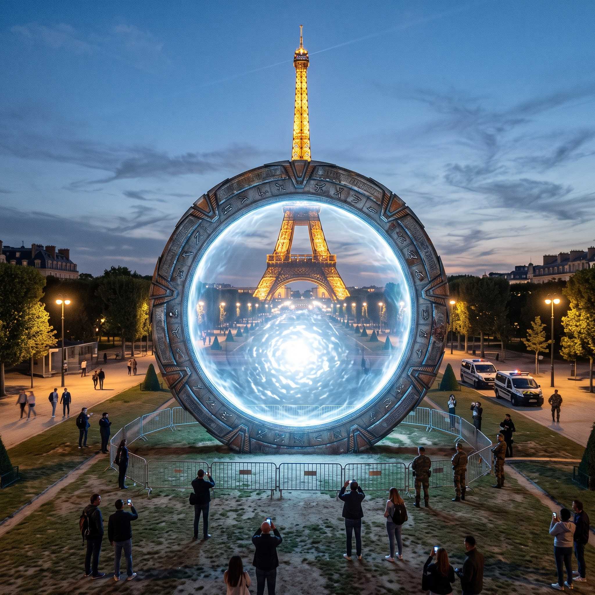 Gemini Nano Banana 2.1 blue portal centred in front of the Eiffel Tower, with spectators, barriers and uniformed figures