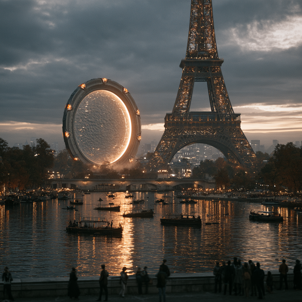 Midjourney v8 orange-lit gate beside the Eiffel Tower across a river at dusk; the tower top is cropped
