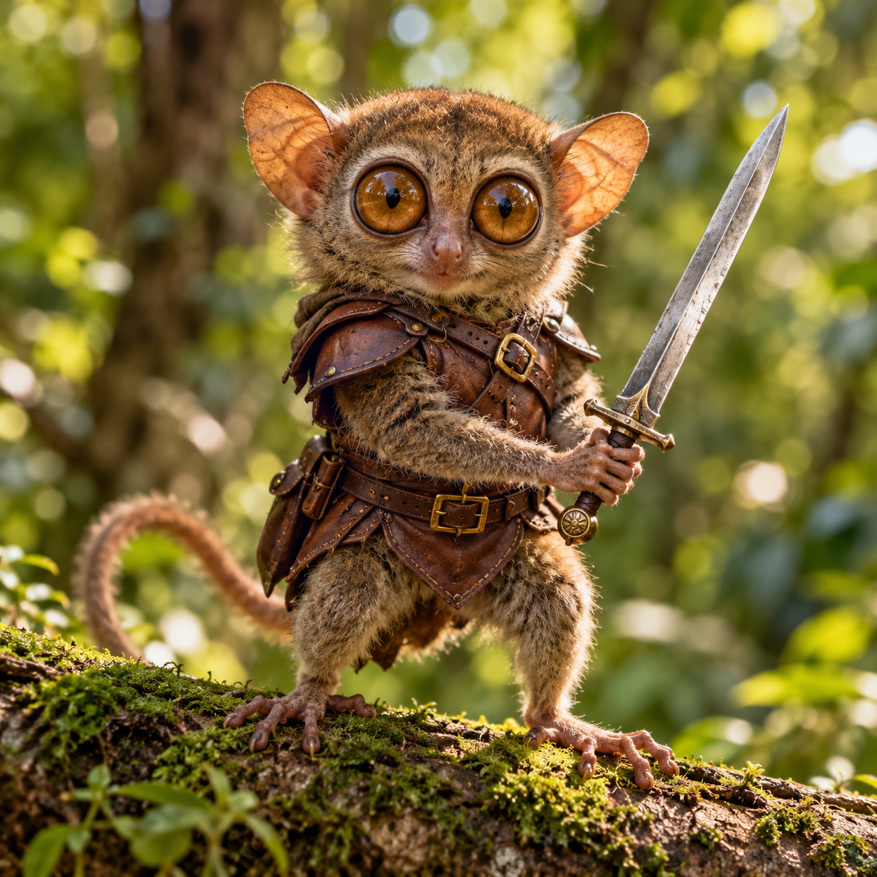 ChatGPT ImageGen 2 tarsier wearing layered brown leather armour and gripping an upright sword with both hands