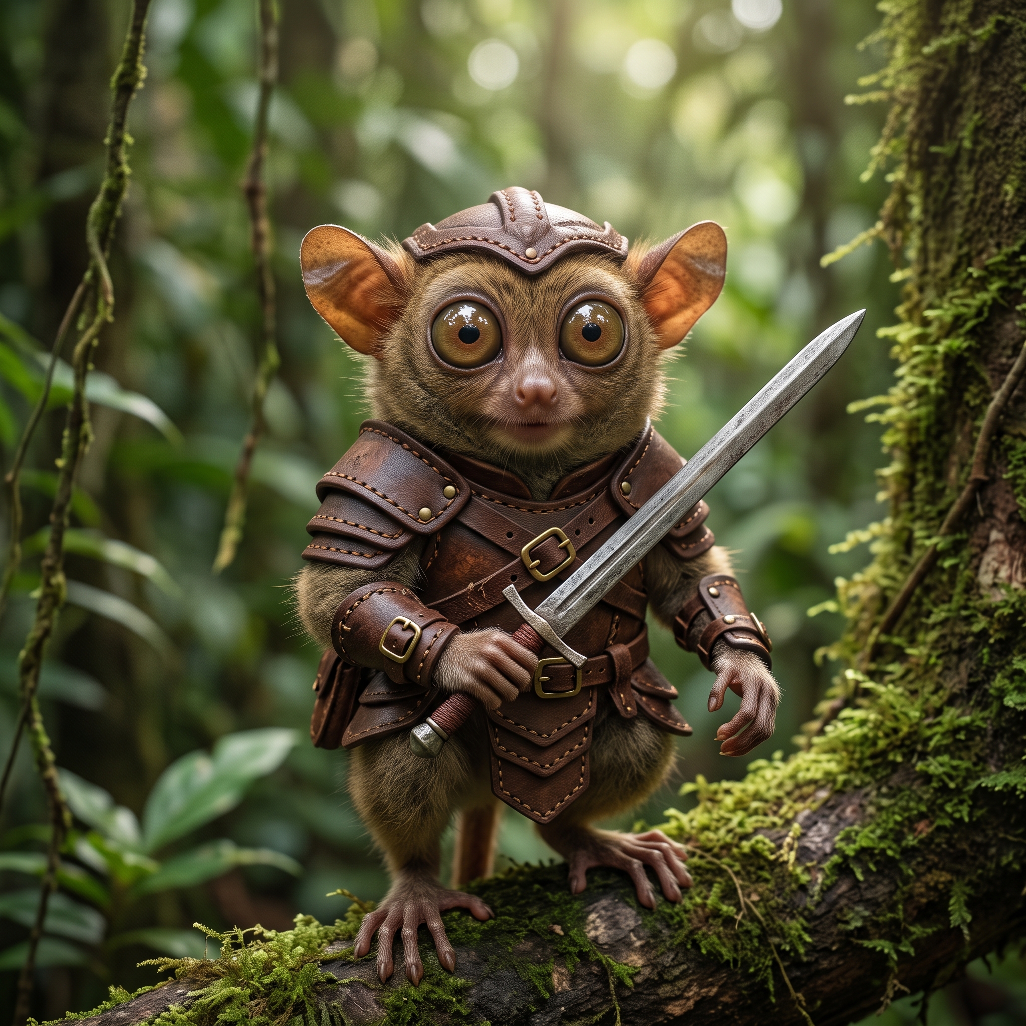 Gemini Nano Banana 2.1 tarsier in stitched brown leather armour with a sword angled across its body on a mossy branch