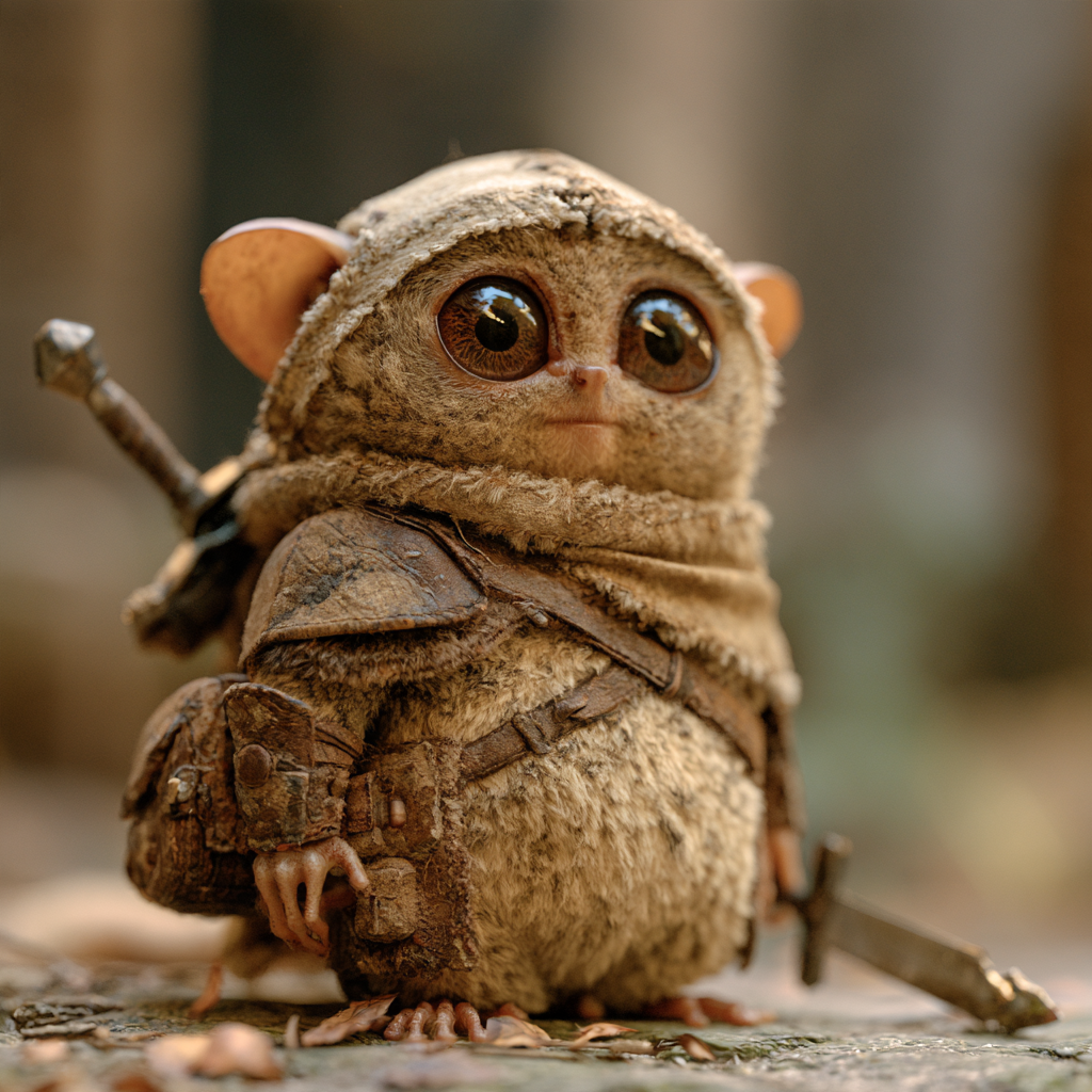 Midjourney v8 hooded tarsier-like character with weathered armour; a blade lies near the ground and the grip is unclear