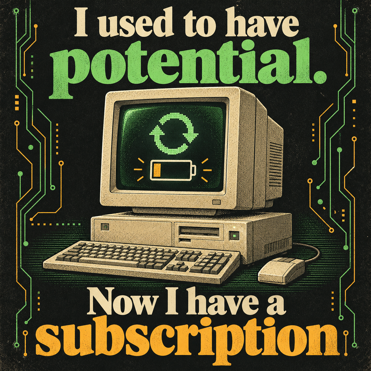 ChatGPT ImageGen 2 retro computer poster displaying I used to have potential. Now I have a subscription in large lettering
