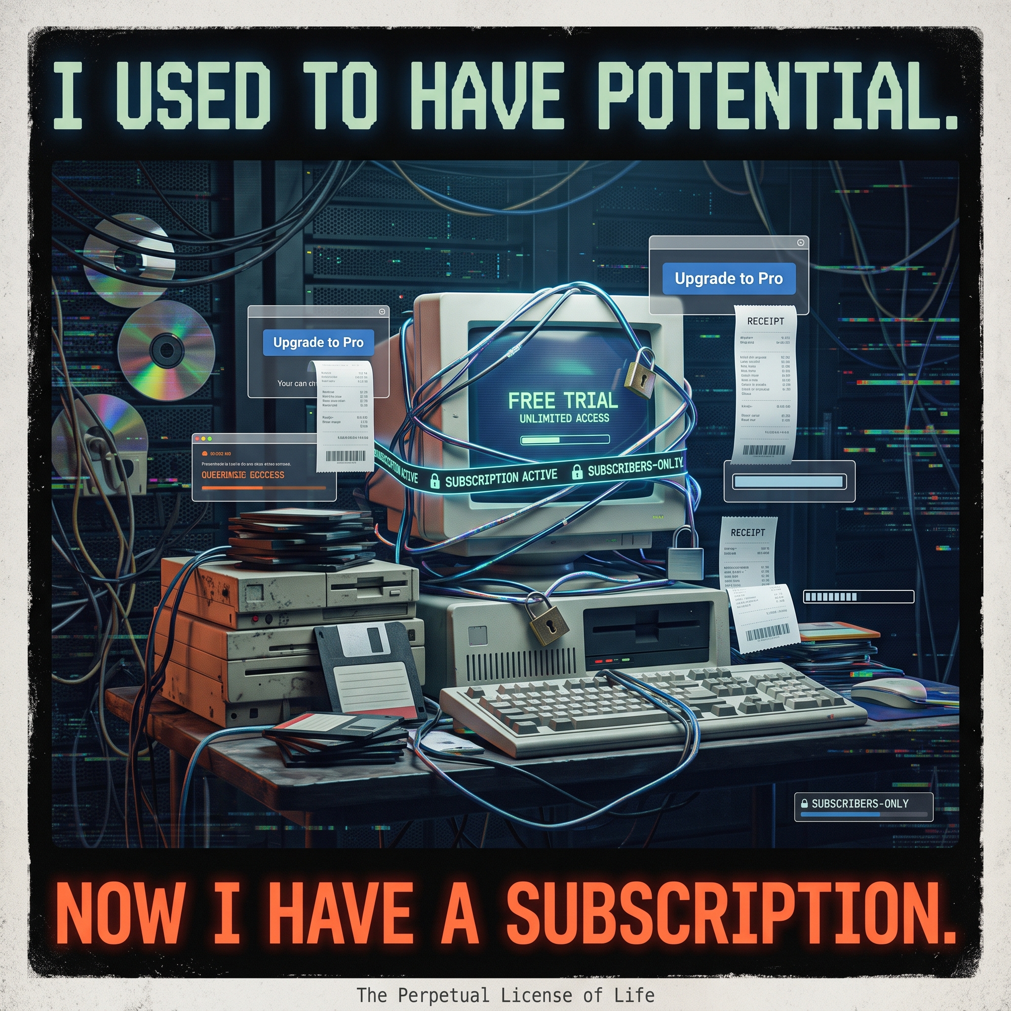 Gemini Nano Banana 2.1 busy retro computer poster with readable potential and subscription slogan, cables, receipts and extra labels