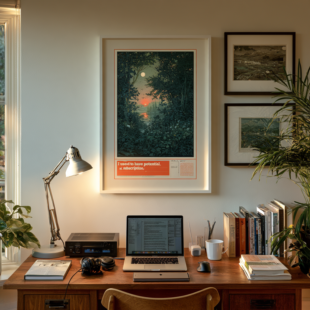 Midjourney v8 office interior with a framed landscape poster and small incomplete slogan above a desk